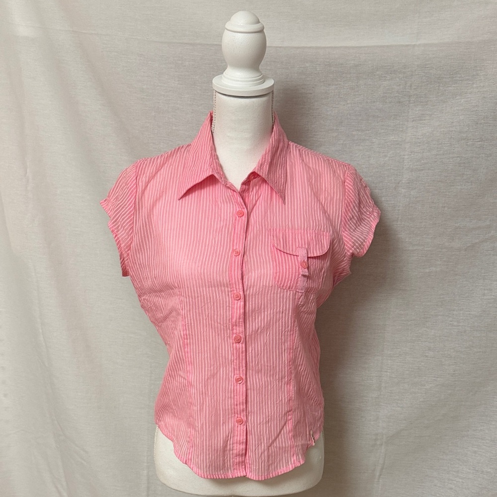 Guess Pink Striped Cap Sleeve Button Down Shirt Sz. M